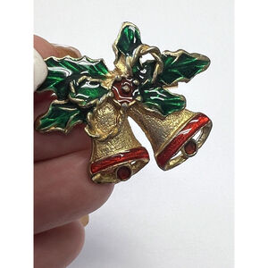 Gold Tone Bells Christmas Pin Brooch Trimmed w/ Red & Green Enamel Holly